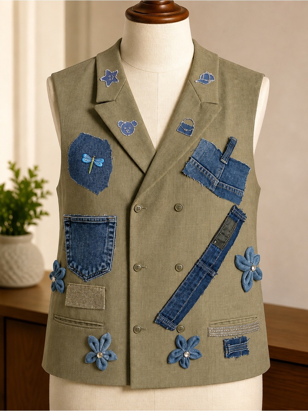 Olive Green Double-Breasted Vest with Denim Patchwork